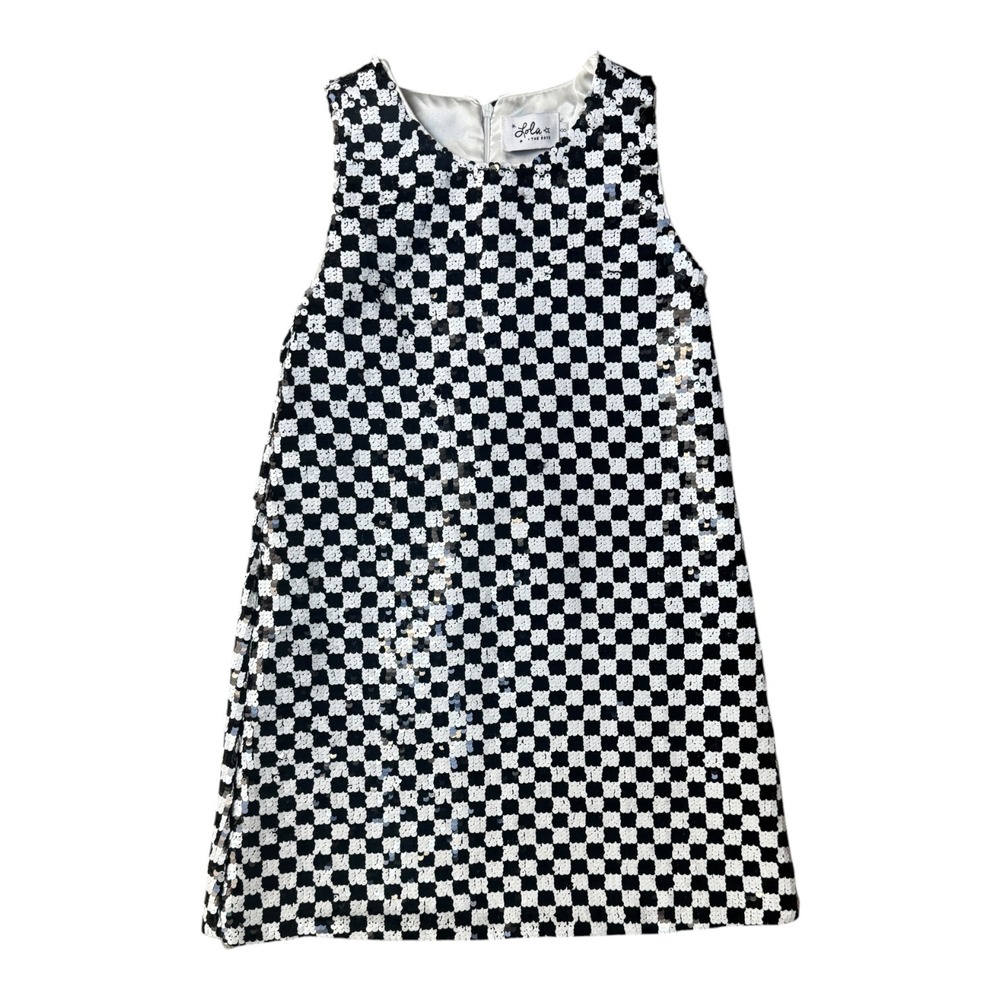 Lola + The Boys Kids Black White Checkered Sequin Shift Dress Size 8